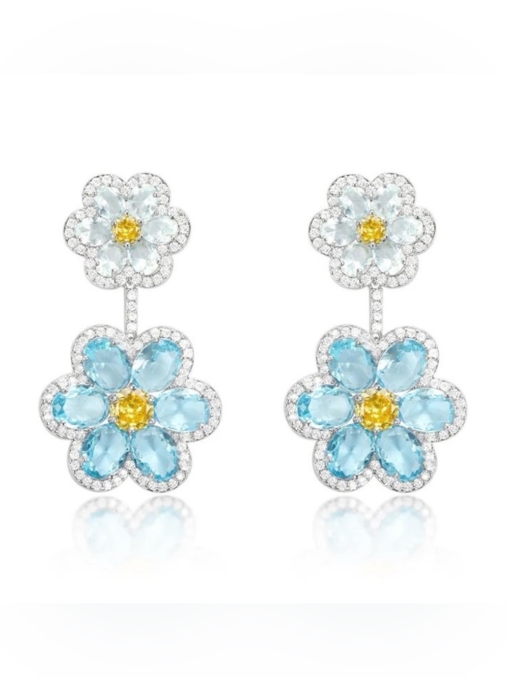 Blue Yellow Floral Silver CZ Earrings